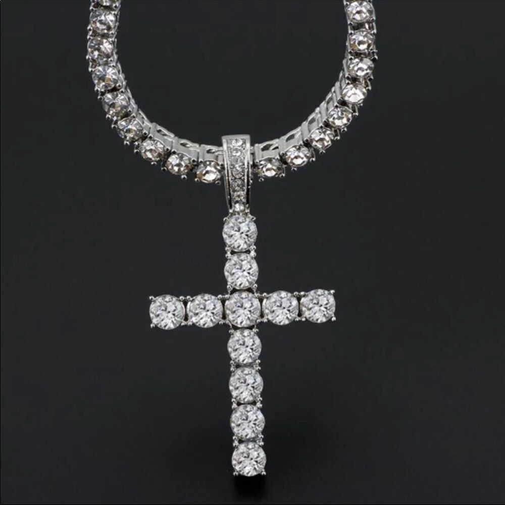Cross Pendant Necklace with 4mm Tennis Chain Iced  Necklace Jewelry Silver chain - Picture 2 of 8